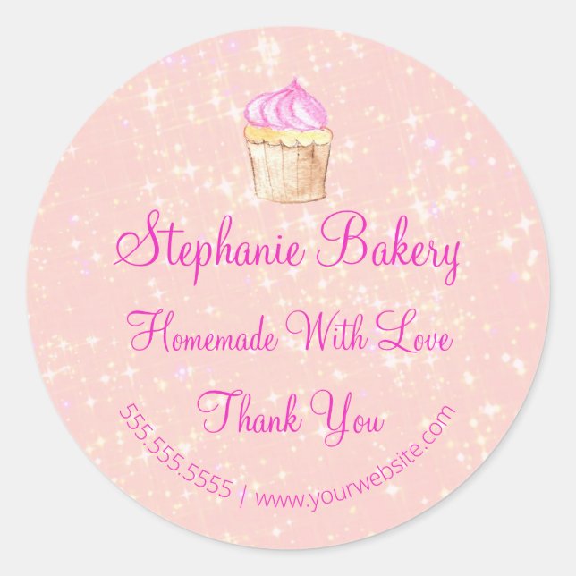 Homemade with Love| Cup Cake Bakery  Pink Glitter Classic Round Sticker (Front)