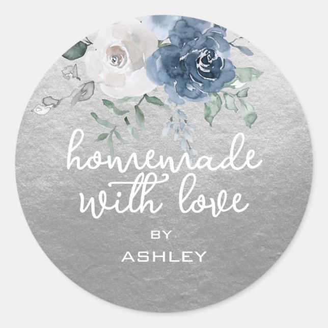 Homemade with Love Floral Blue Rose Silver Gift Classic Round Sticker (Front)