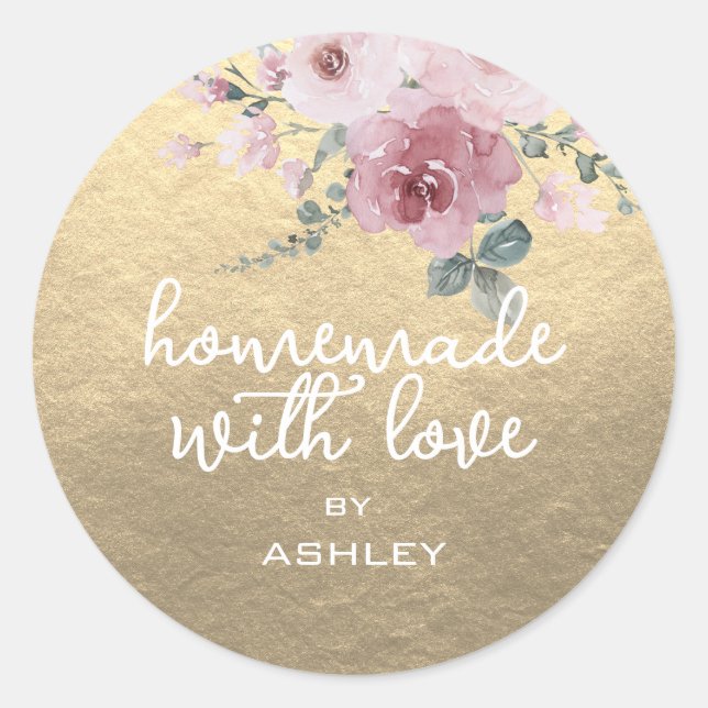 Homemade with Love Floral Rose Gold Gift Classic Round Sticker (Front)