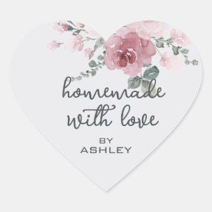 Homemade with Love Floral Rose Pink Heart Sticker