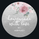 Homemade with Love Floral Rose Solver Gift Classic Round Sticker<br><div class="desc">Rustic and modern personalised homemade with love sticker feautures stylish white handwritten script calligraphy on a silver background with a stylish touch of a hand painted dusty pink rose floral bouquet. Perfect for all your homemade gifts! Simply add your name to the label. Exclusively designed for you by Happy Dolphin...</div>