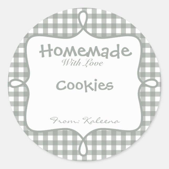Homemade With Love Grey Gingham Classic Round Sticker (Front)