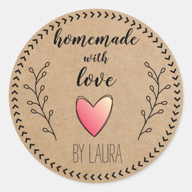 Homemade with Love Heart Kraft Paper Customise Classic Round Sticker (Front)