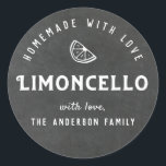 Homemade with Love Limoncello Modern Chalkboard Classic Round Sticker<br><div class="desc">Custom-designed limoncello stickers/labels featuring personalised text/gift message on chalkboard style background.</div>