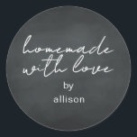 Homemade with Love Personalised Chalkboard Gift Classic Round Sticker<br><div class="desc">Rustic and modern personalised homemade with love sticker feautures stylish handwritten script calligraphy on a chalboard background. Perfect for all your homemade gifts! Simply add your name to the label. Exclusively designed for you by Happy Dolphin Studio!</div>