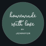 Homemade with Love Personalised Dark Green Gift Classic Round Sticker<br><div class="desc">Rustic and modern personalised homemade with love sticker feautures stylish handwritten script calligraphy on a dark green background. Perfect for all your homemade gifts! Simply add your name to the label. Exclusively designed for you by Happy Dolphin Studio!</div>