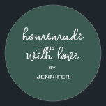 Homemade with Love Personalised Dark Green Gift Classic Round Sticker<br><div class="desc">Rustic and modern personalised homemade with love sticker feautures stylish handwritten script calligraphy on a dark green background. Perfect for all your homemade gifts! Simply add your name to the label. Exclusively designed for you by Happy Dolphin Studio!</div>