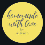 Homemade with Love Personalised Yellow Gift Classic Round Sticker<br><div class="desc">Rustic and modern personalised homemade with love sticker feautures stylish handwritten script calligraphy on an illuminating yellow background. Perfect for all your homemade gifts! Simply add your name to the label. Exclusively designed for you by Happy Dolphin Studio!</div>
