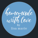 Homemade with Love Personalized Azure Blue Gift Classic Round Sticker<br><div class="desc">Rustic and modern personalized homemade with love sticker feautures stylish handwritten script calligraphy on a bright azure blue background. Perfect for all your homemade gifts! Simply add your name to the label. Exclusively designed for you by Happy Dolphin Studio!</div>