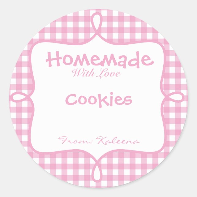 Homemade With Love Pink Gingham Classic Round Sticker (Front)