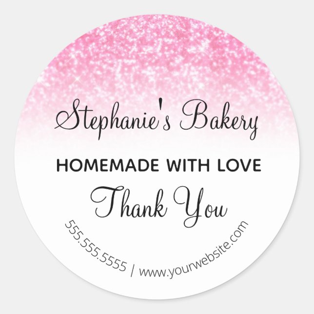 Homemade with Love Pink Glitter Thank you Classic Round Sticker (Front)