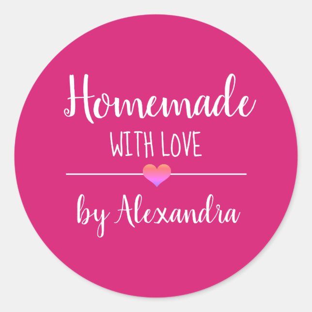 Homemade with love pink script name  classic round sticker (Front)