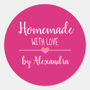 Homemade with love pink script name classic round sticker