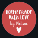 Homemade With Love Red Christmas Classic Round Sticker<br><div class="desc">A personalised "homemade with love" sticker on a red coloured background. Make it yours by adding your own name. A pretty finishing touch for all of your handmade gifts. Designed for you by Blackberry Boulevard.</div>