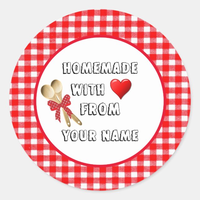 Homemade with Love Red Gingham Round Sticker (Front)