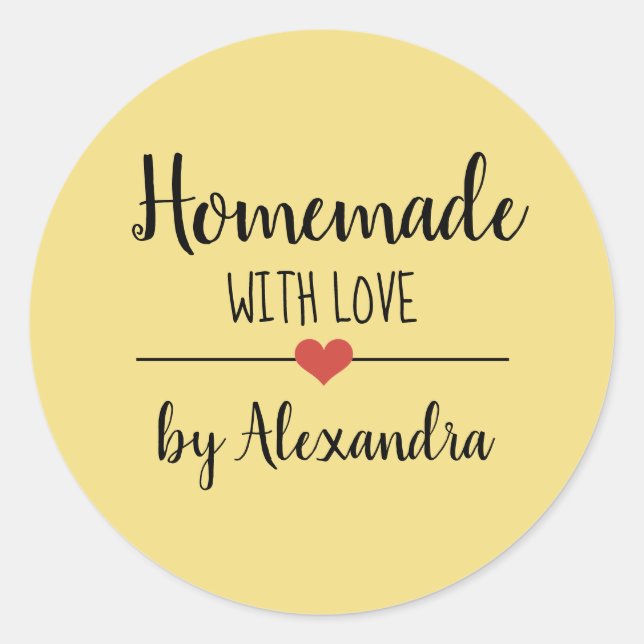 Homemade with love yellow script custom classic round sticker (Front)