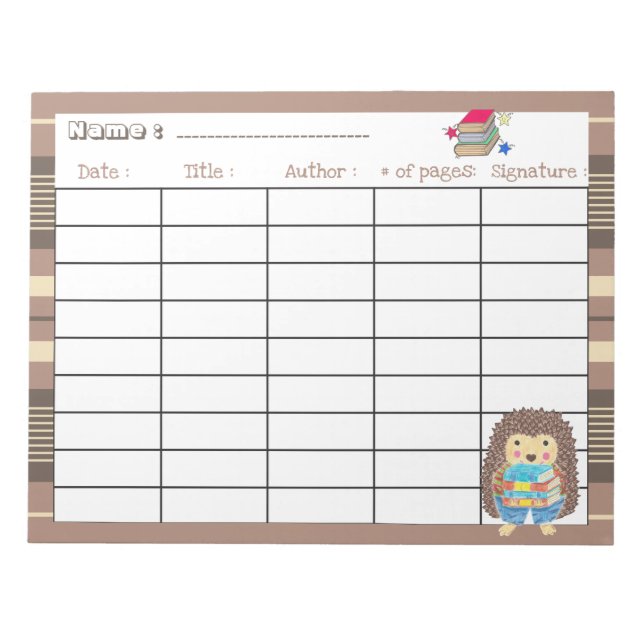 Homeschool hedgehog reading log template notepad (Front)