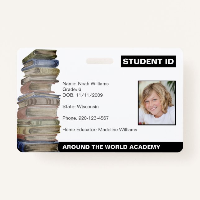 Homeschool Student ID Book Stack Badge ID Badge (Front)