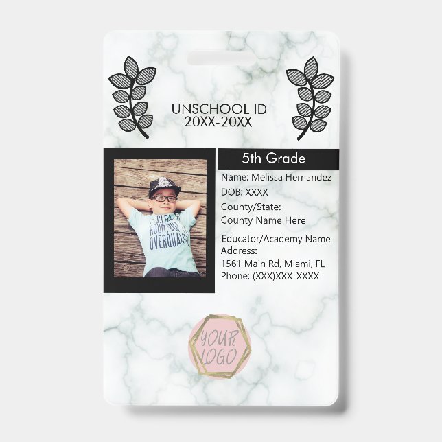 Homeschooling Unschooling Private Student Marble ID Badge (Front)