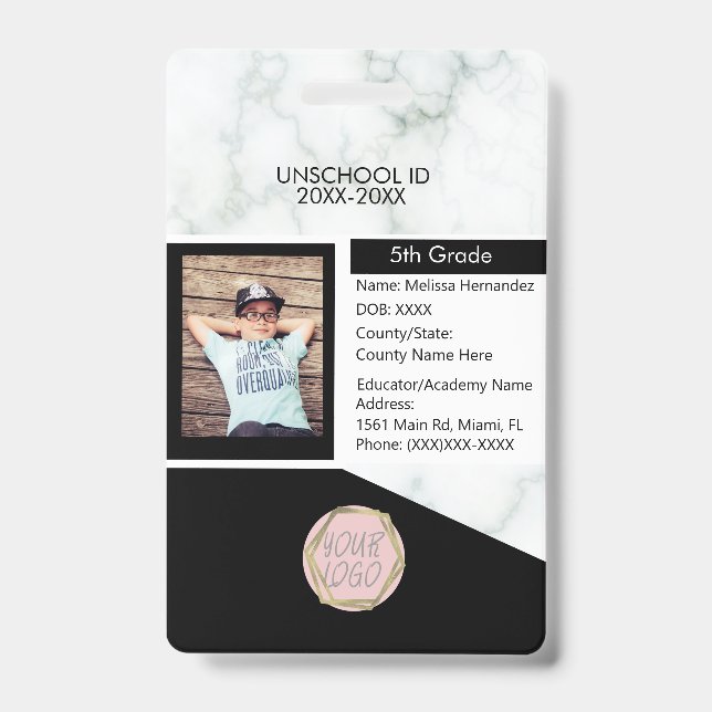 Homeschooling Unschooling Student Marble Black ID Badge (Front)