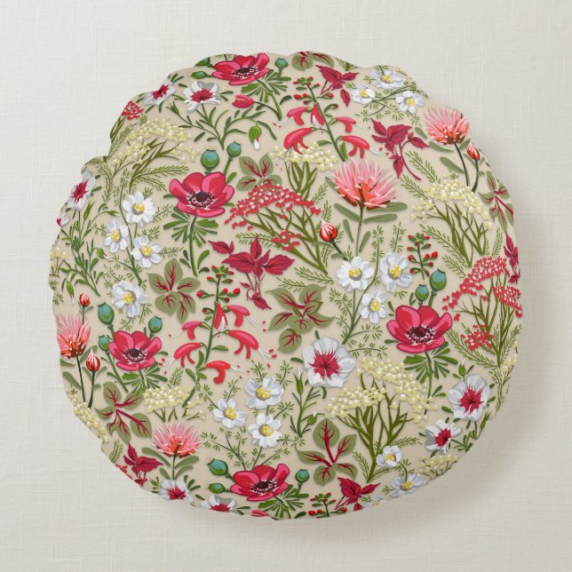 Homespun Red Herb Garden Pattern Round Cushion (Front)
