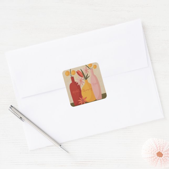 Homespun Wine Bottle Floral Square Sticker (Envelope)