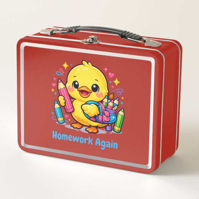 Homework Again Cute Chick School Lunchbox Design (Front)