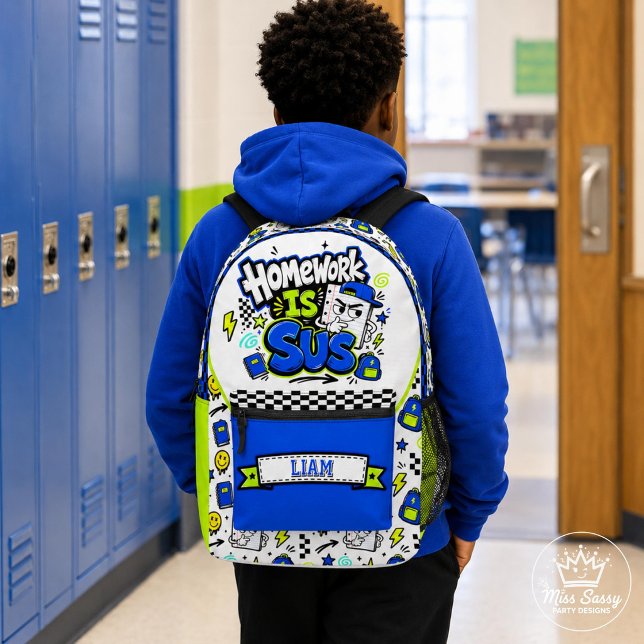 Homework is Sus Blue & Green Funny Kids  Printed Backpack (Homework Is Sus blue backpack funny cartoon school doodles, neon details, and custom name label)