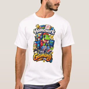 Homework Then Gaming Funny Gamer Dinosaur Boys T-Shirt