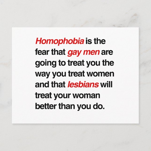 HOMOPHOBIA IS THE FEAR THAT GAY MEN WILL TREAT YOU POSTCARD (Front)