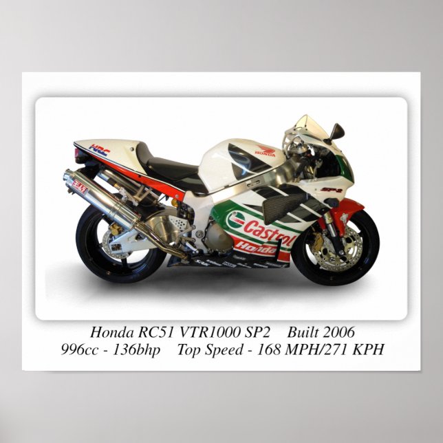 Honda RC51 VTR1000 SP2 Castrol Motorcycle - A3 Poster (Front)
