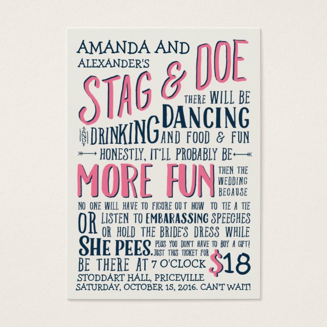 Honestly Stag and Doe Ticket, Navy and Pink (Front)