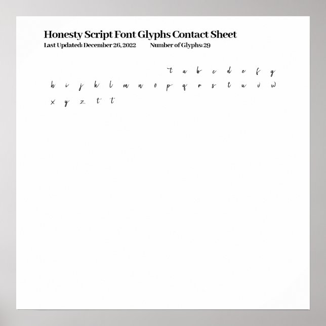 Honesty Script Font Glyphs Contact Sheet Poster (Front)