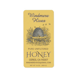 Honey Address Label Vintage Skep with bees Yellow