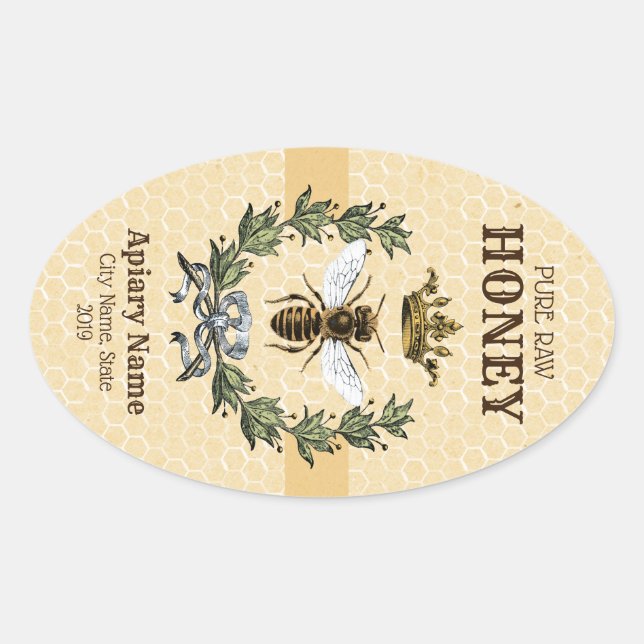 Honey Apiary Crown and Wreath Stripe Oval Sticker (Front)