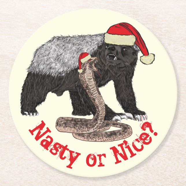 Honey Badger and Snake Funny Santa Quote Round Paper Coaster (Front)