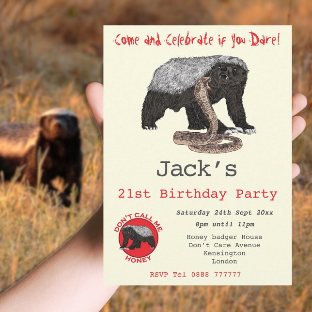 Honey Badger Badass Animal Funny 21st Birthday  (Honey badger themed 21st birthday party invitation badass fearless wild animal)