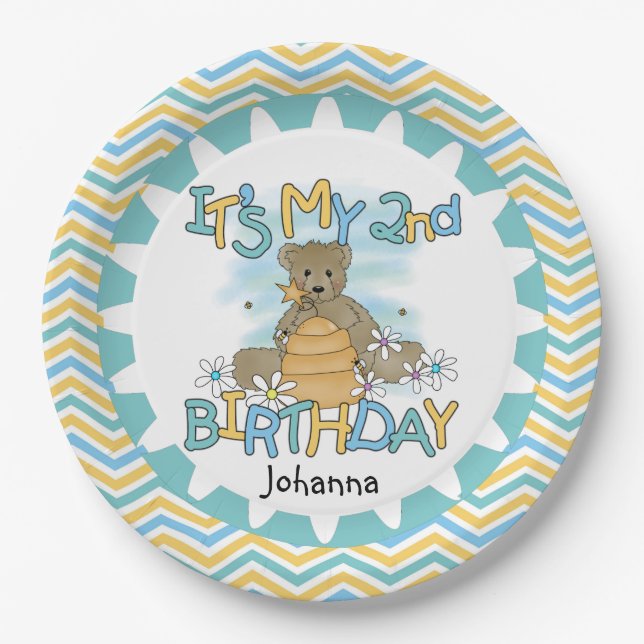Honey Bear 2nd Happy Birthday Paper Plates (Front)