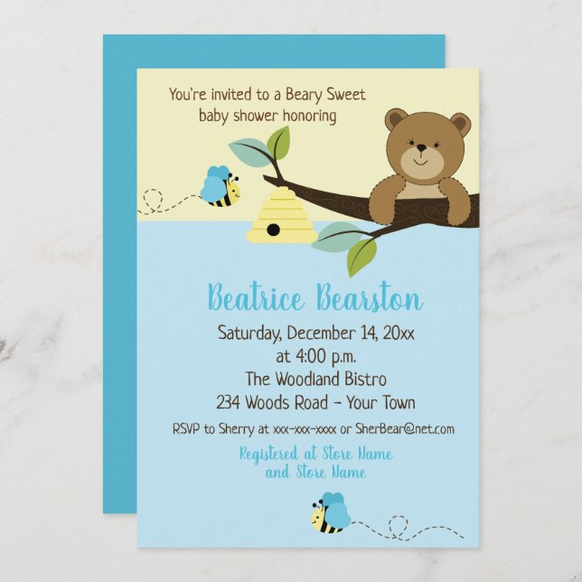 Honey Bear and Boy Bumble Bee Baby Shower Invite (Front/Back)