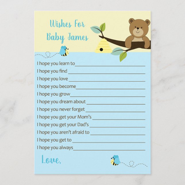 Honey Bear and Bumble Bee Wishes for Baby (Blue) Advice Card (Front)