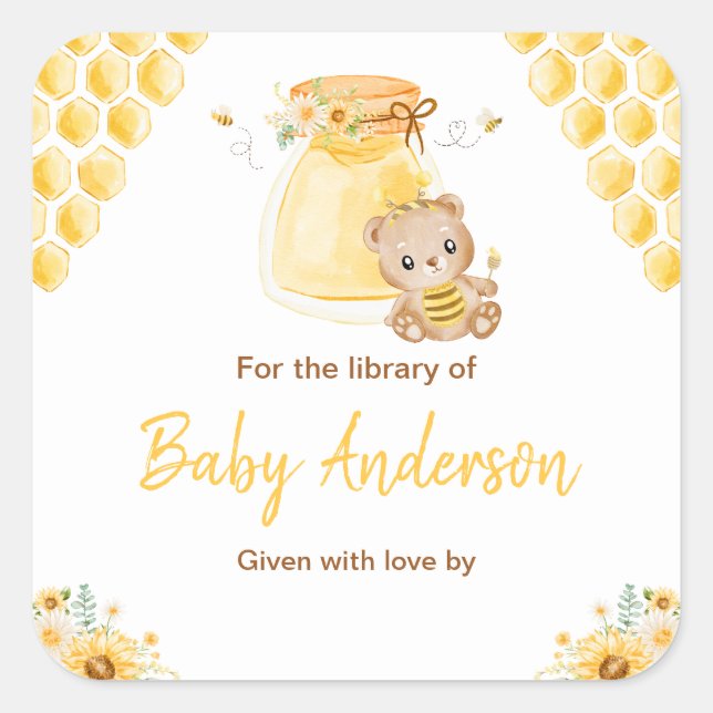 Honey Bear Baby Shower Bookplate Square Sticker (Front)