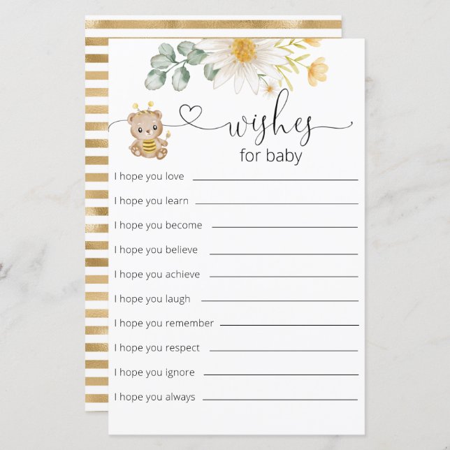 Honey Bear Baby Shower Wishes For Baby Card (Front/Back)
