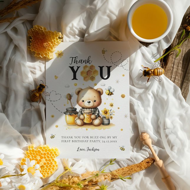 Honey Bear Bee 1st Birthday Gender Neutral Bee-Day Thank You Card (Creator Uploaded)