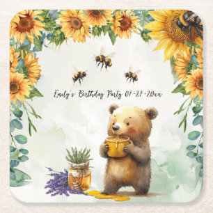 Honey Bear Birthday Party Cake Paper Plates Square Paper Coaster
