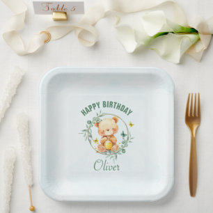 Honey Bear Cute Greenery Boy Happy Birthday Paper Plate