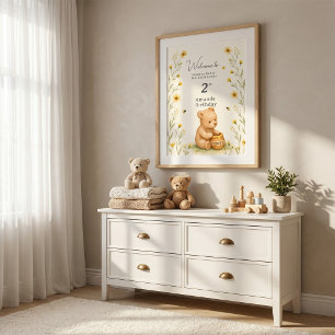 Honey Bear Floral Baby Birthday Poster