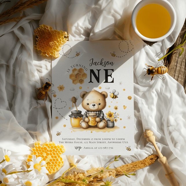 Honey Bee 1st Birthday Bear Birthday Party Invitation (Creator Uploaded)