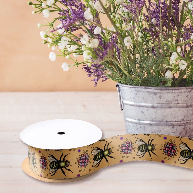 Honey Bee and Flowers Beige Natural Rustic Floral Satin Ribbon (Creator Uploaded)