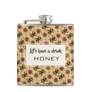 Honey bee and flowers drawing colourful pattern ar hip flask