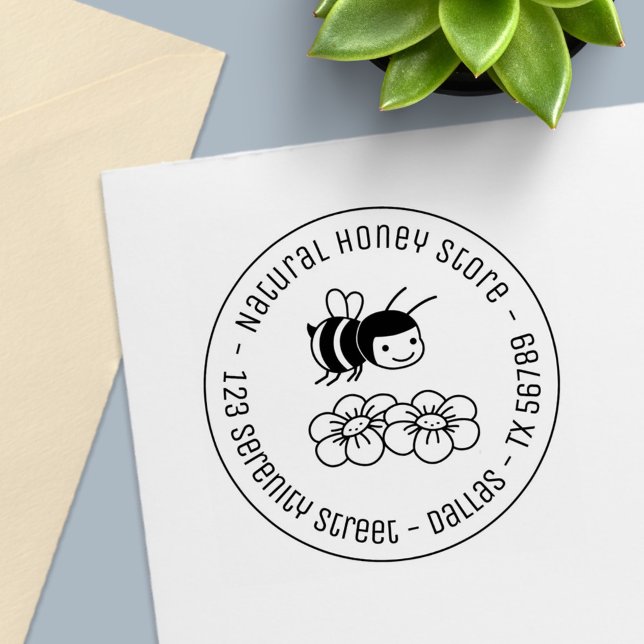 Honey Bee and Flowers Round Business Address 2 Self-inking Stamp (Creator Uploaded)
